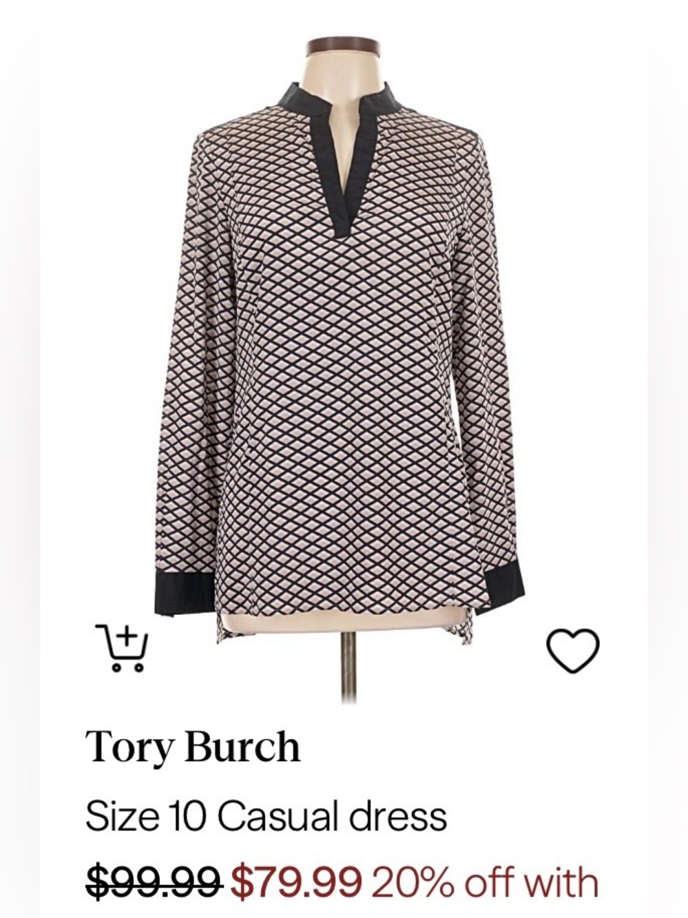 Tory Burch Black Beige Geometric Silk Blend Split Neck Long Sleeve Blouse Sz 10 - Picture 9 of 10